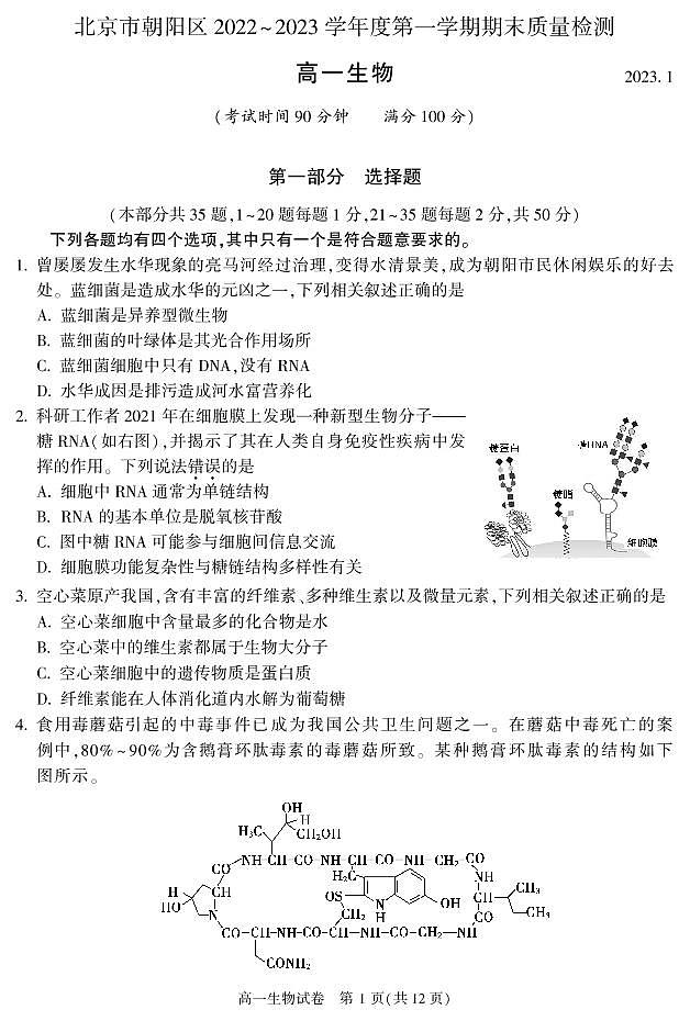 北京市朝阳区 2022—2023 学年度高一第一学期期末生物试题及答案01