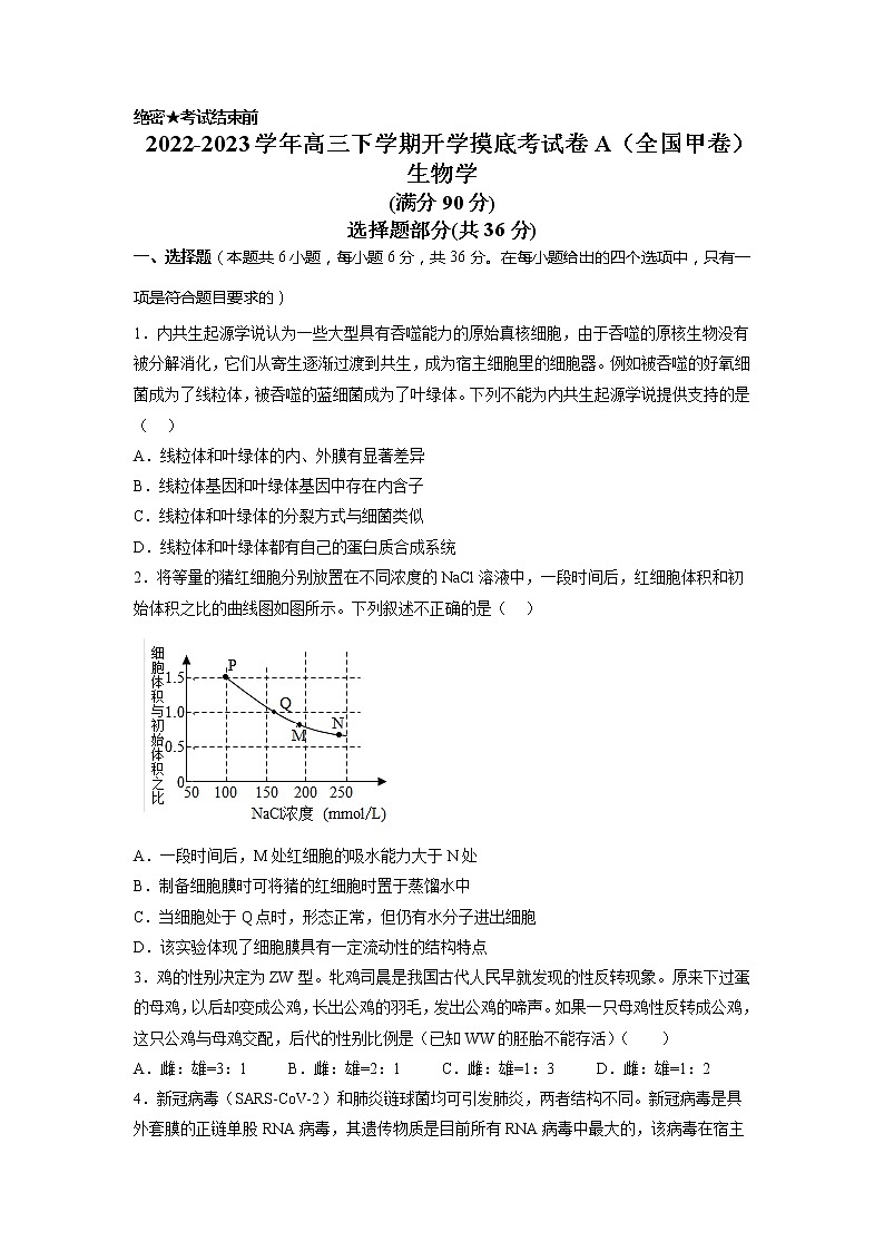 生物-2022-2023学年高三下学期开学摸底考试卷A（全国甲卷）01