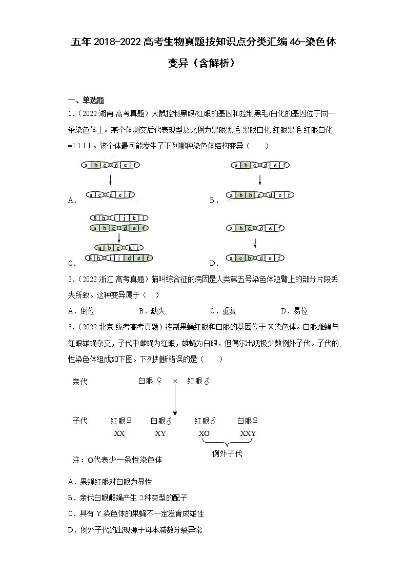 五年2018-2022高考生物真题按知识点分类汇编46-染色体变异（含解析）第1页
