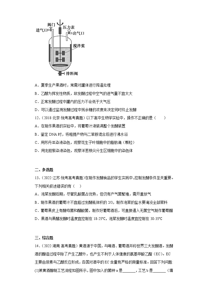 五年2018-2022高考生物真题按知识点分类汇编86-生物技术工程-发酵工程-果酒和果醋的制作（含解析）第3页