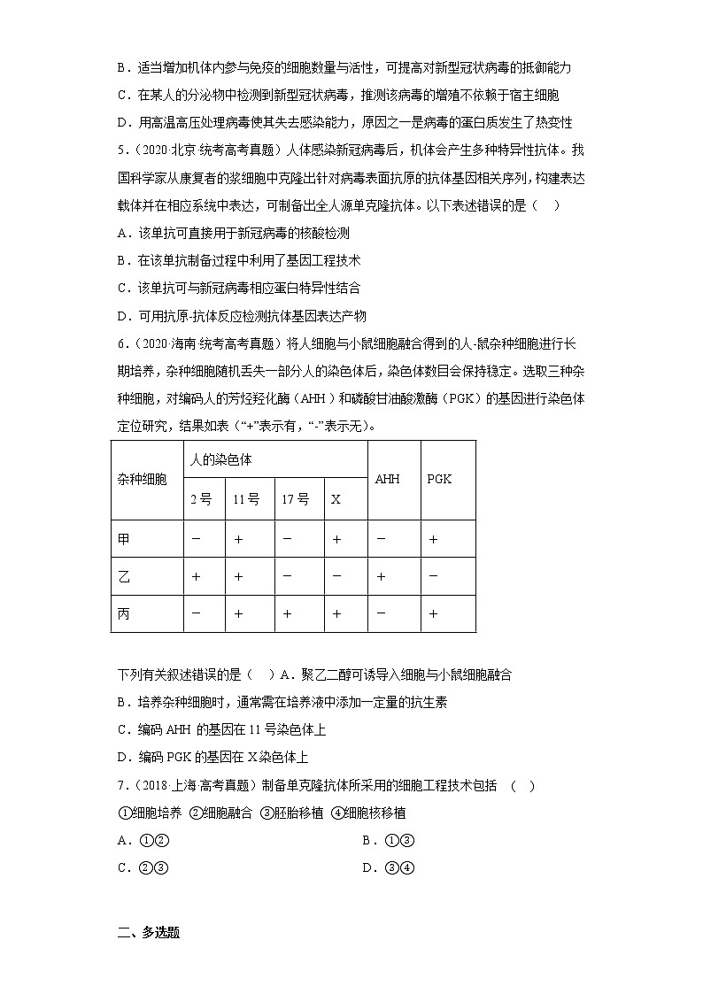 五年2018-2022高考生物真题按知识点分类汇编97-生物技术工程-细胞工程-动物细胞融合与单克隆抗体的制备（含解析）第2页