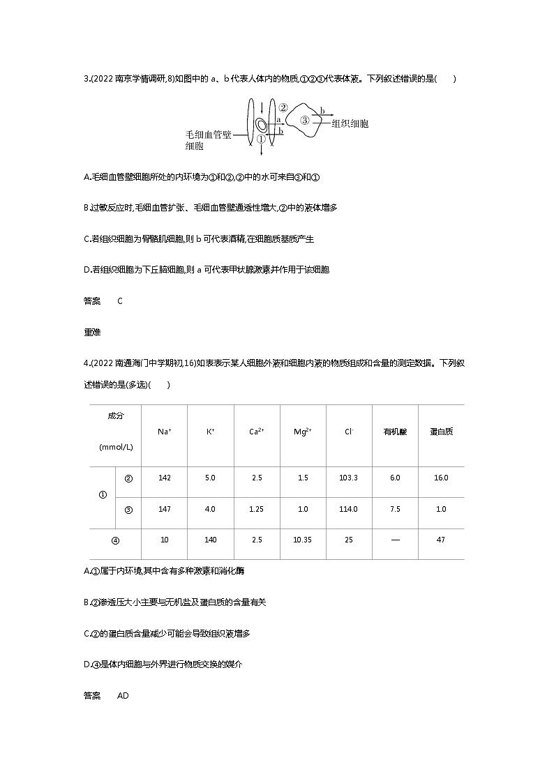 2023届高考生物二轮复习 人体的内环境与稳态 作业含答案第2页