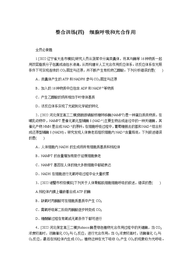 2023届高考生物二轮复习细胞呼吸和光合作用作业含答案第1页
