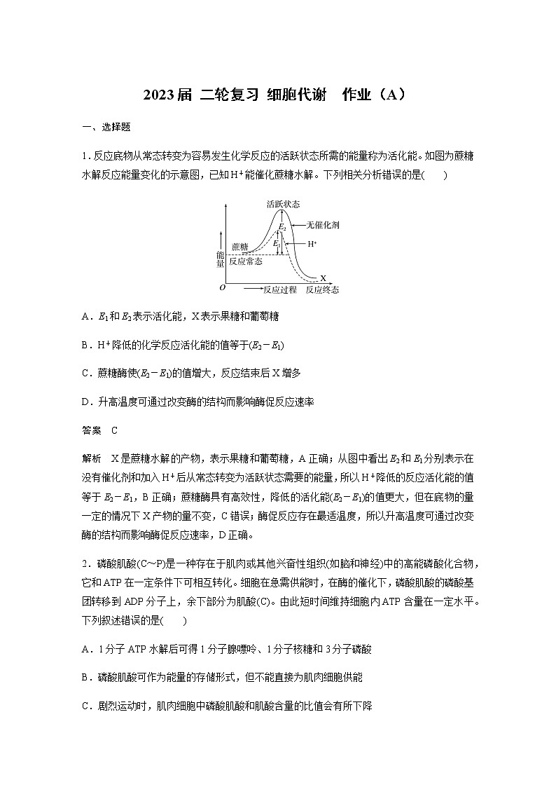 2023届高考生物二轮复习细胞代谢作业（A）第1页