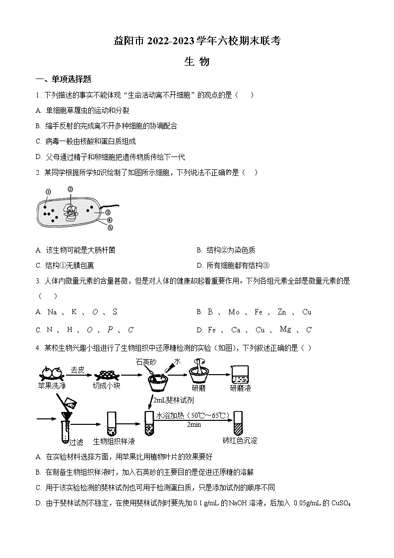 2023益阳六校高一上学期期末联考试题生物含解析01