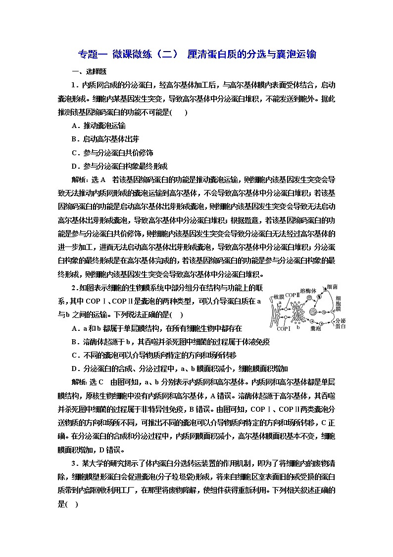2023届高考生物二轮复习厘清蛋白质的分选与囊泡运输作业含答案第1页