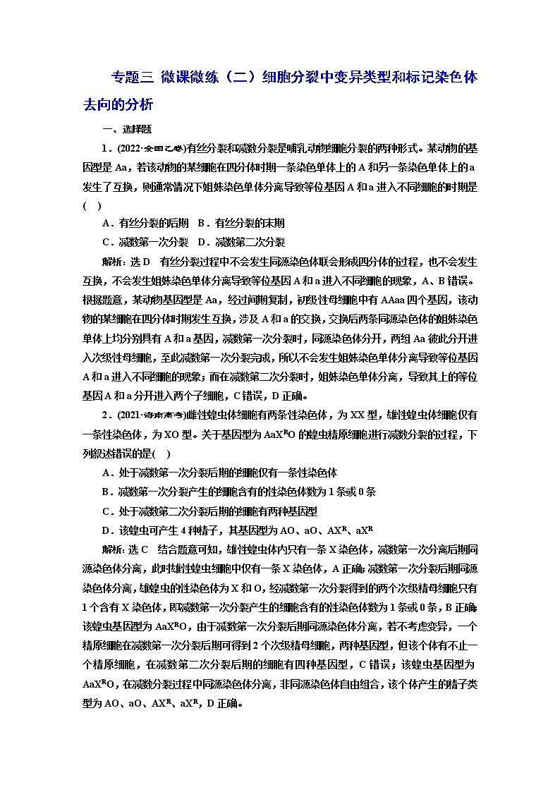 2023届高考生物二轮复习细胞分裂中变异类型和标记染色体去向的分析作业含答案第1页