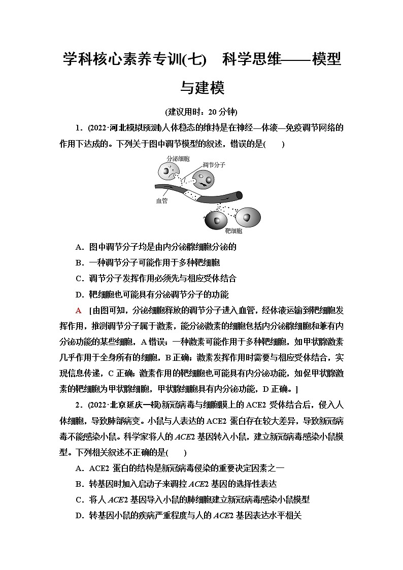 2023届高考生物二轮复习学科核心素养专训7科学思维——模型与建模含答案第1页