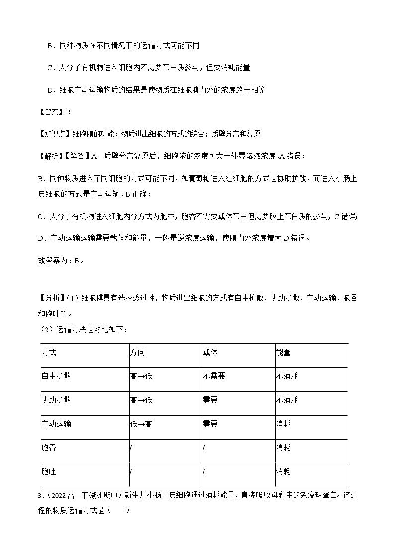2023届高考生物二轮复习通用版10物质进出细胞的方式作业含答案第2页