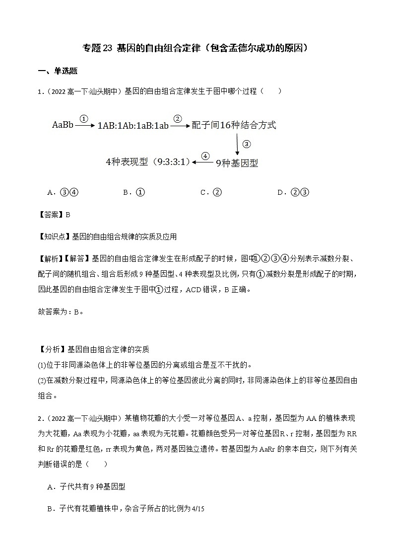 2023届高考生物二轮复习通用版23基因的自由组合定律（包含孟德尔成功的原因）作业含答案第1页