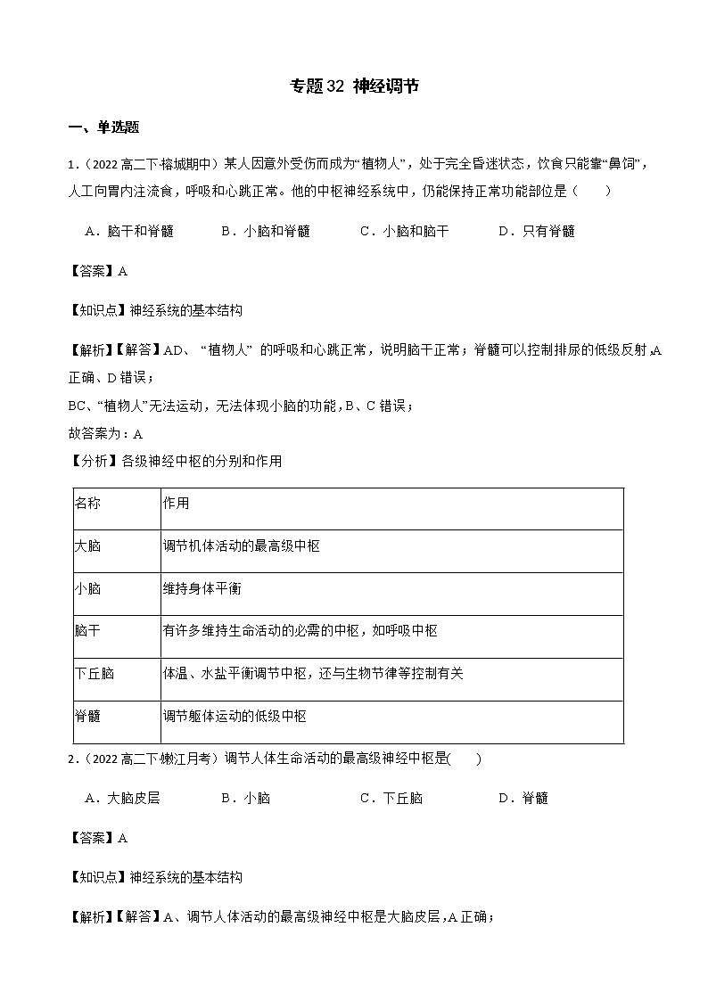2023届高考生物二轮复习通用版32神经调节作业含答案第1页