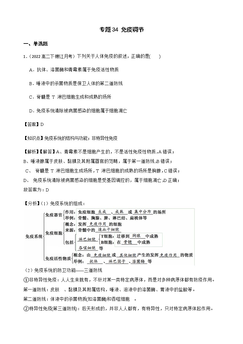2023届高考生物二轮复习通用版34免疫调节作业含答案第1页