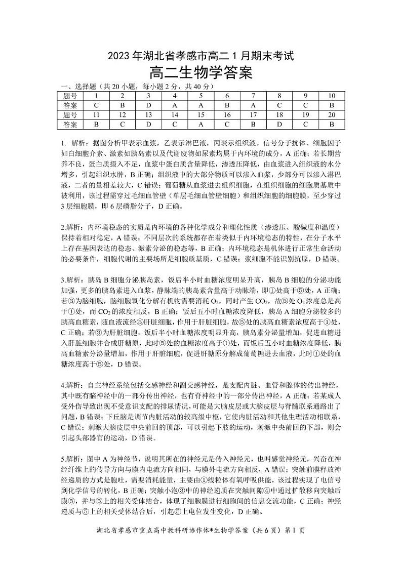 湖北省孝感市2022-2023学年高二1月期末考试生物试题答案和解析01