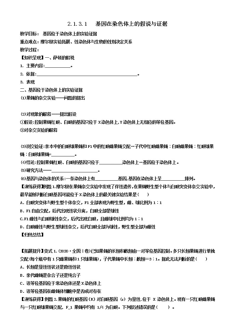 2023届高三生物一轮复习教案基因在染色体上的假说与证据第1页