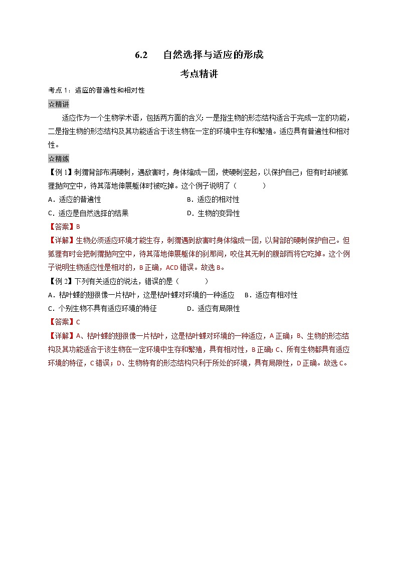 6.2 自然选择与适应的形成-最新高一下学期生物同步考点精讲精练（人教版2019必修2）01