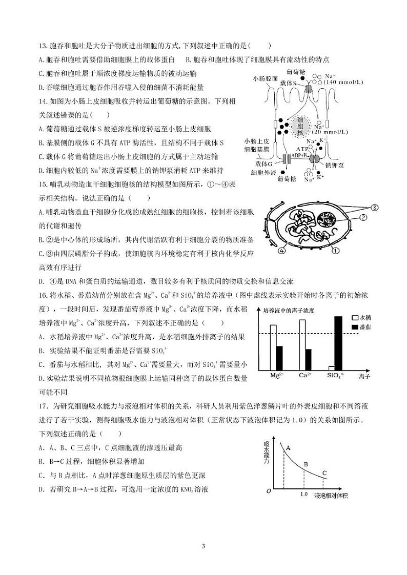 山东省济南市历城第二中学2022-2023学年高一生物上学期期末考试试卷（PDF版附答案）第3页