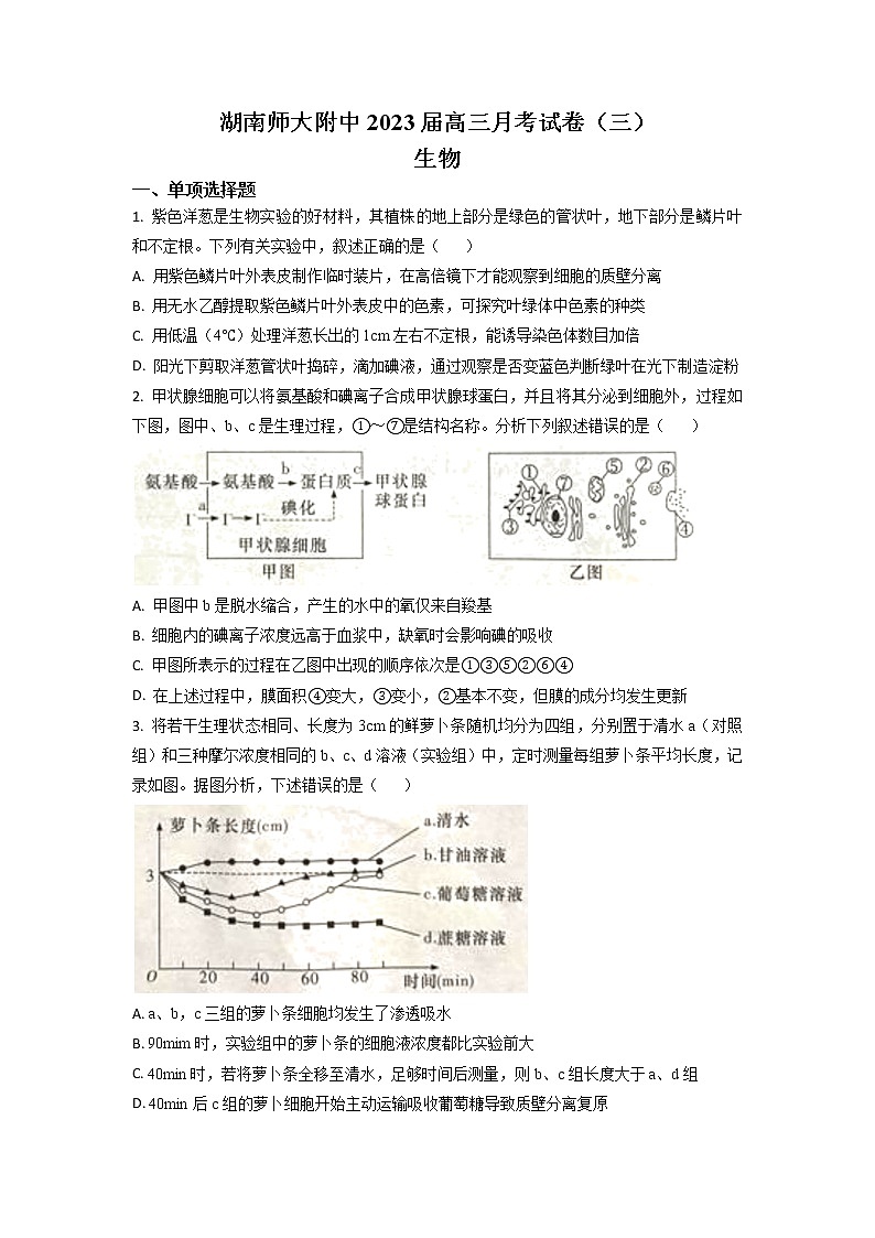 2022-2023学年湖南师范大学附中高三上学期月考（三）生物试题 （word版）第1页