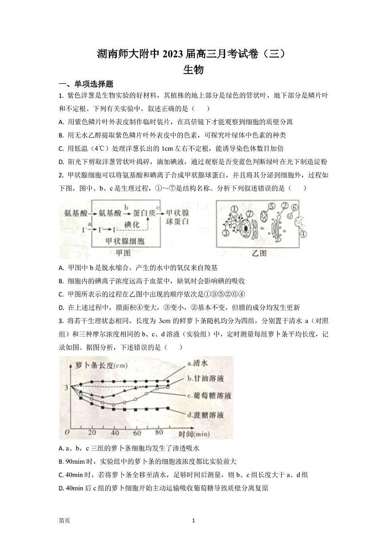 2022-2023学年湖南师范大学附中高三上学期月考（三）生物试题  PDF版01