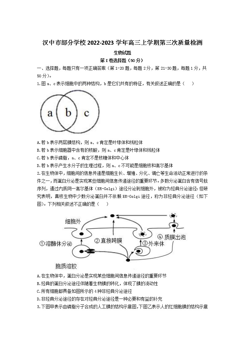 陕西省汉中市部分学校2023届高三上学期第三次质量检测生物试卷01