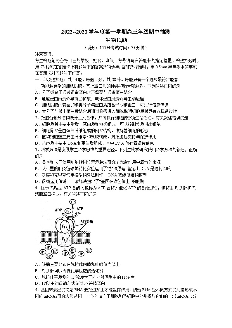 江苏省苏北四市2022-2023学年高三上学期期中抽测生物试题01