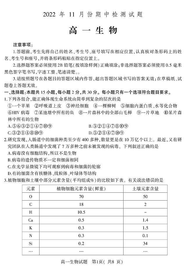2022-2023学年山东省潍坊安丘市高一上学期期中考试 生物 PDF版第1页