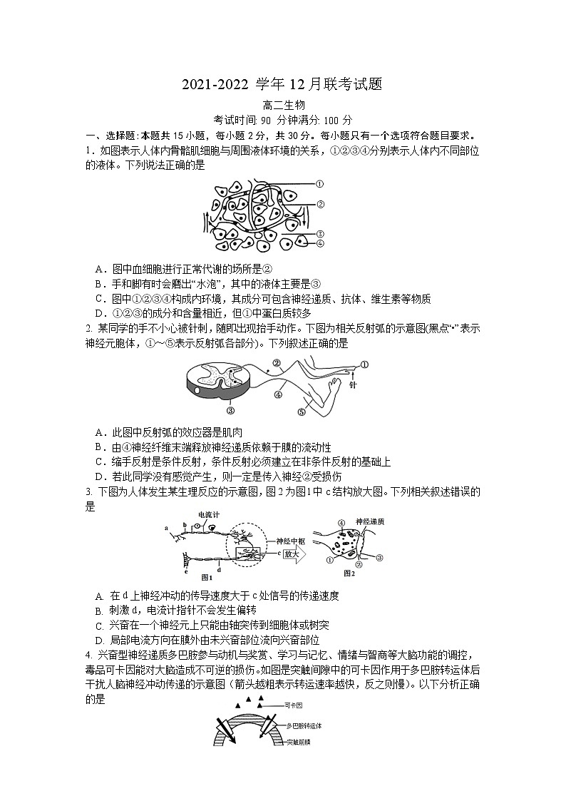 山东省潍坊市四校2021-2022学年高二生物上学期12月联考试卷（Word版附答案）第1页