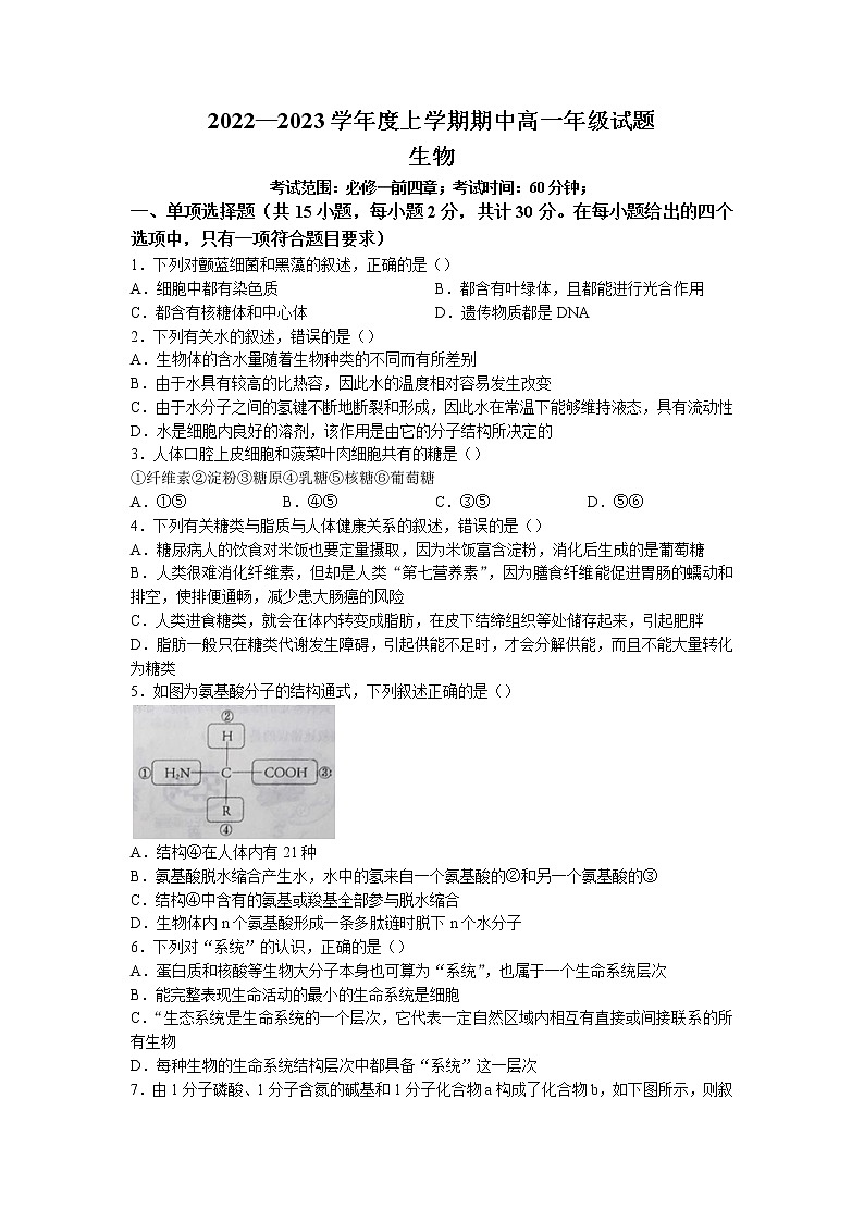 辽宁省沈阳市辽中区二中2022-2023学年高一上学期期中生物试题第1页