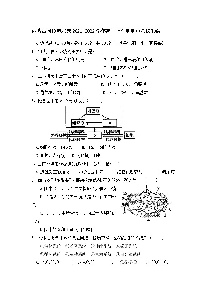 2021-2022学年内蒙古阿拉善左旗高二上学期期中考试生物试题（Word版）第1页