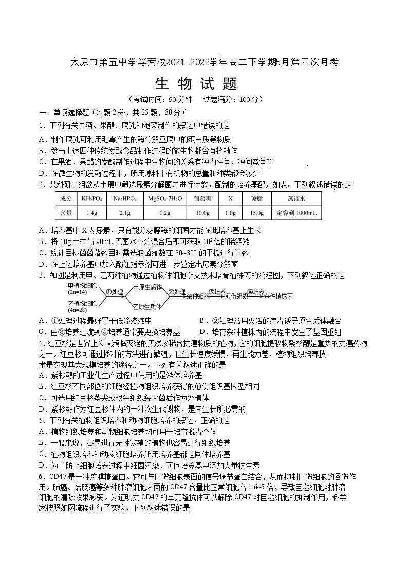 2021-2022学年山西省太原市第五中学等两校高二下学期5月第四次月考生物试题（Word版）第1页