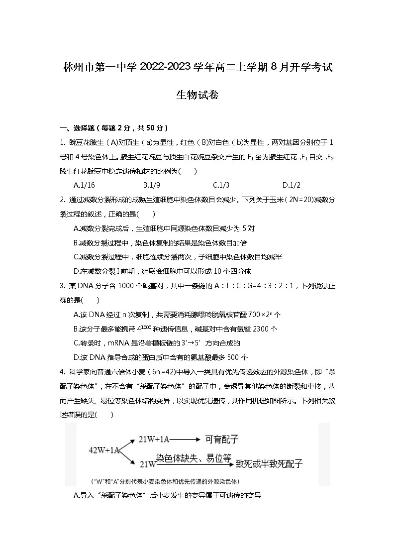 2022-2023学年河南省林州市第一中学高二上学期8月开学考试生物试题（Word版）01
