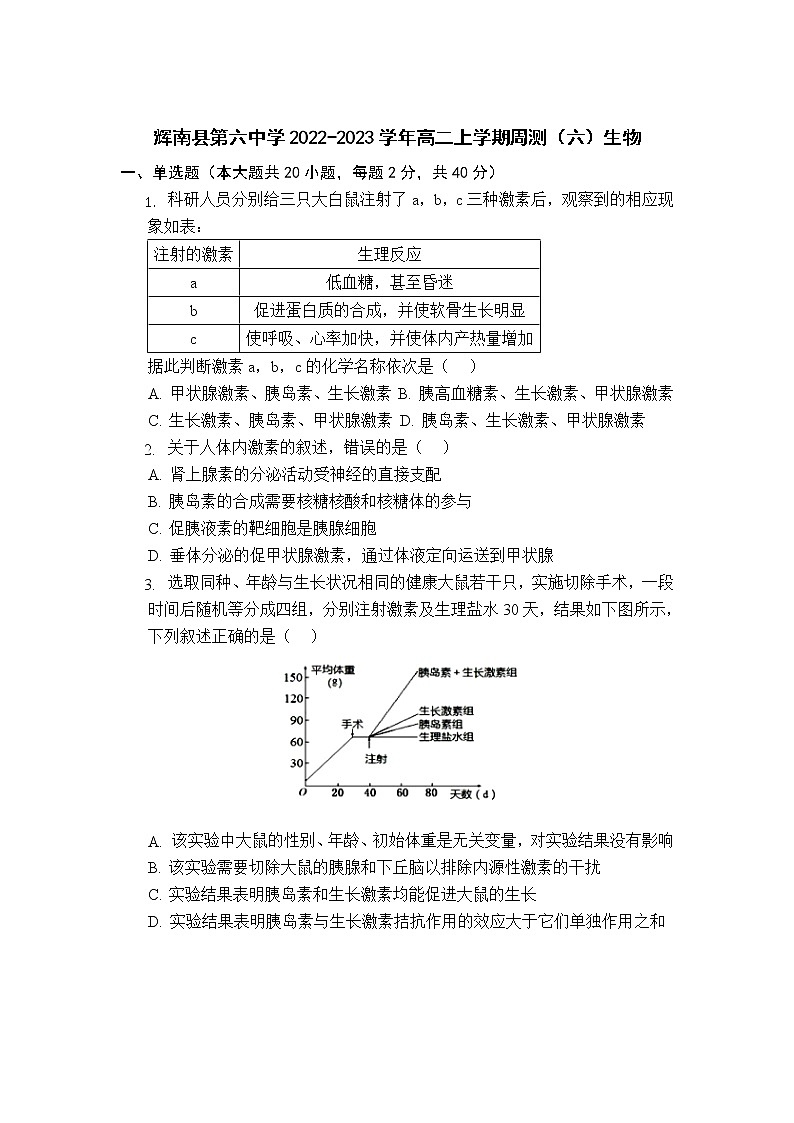 2022-2023学年吉林省辉南县第六中学高二上学期周测（六）生物试题（Word版）第1页