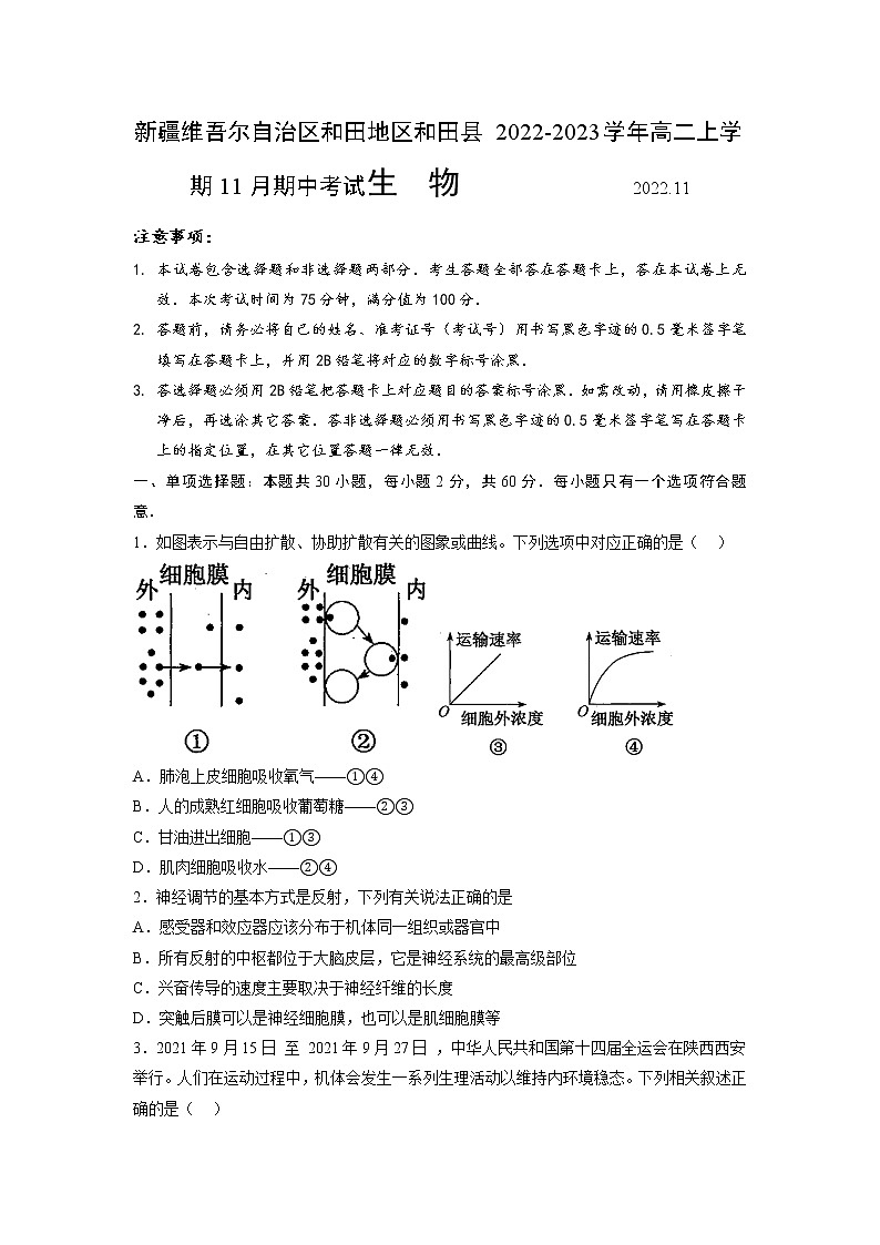 2022-2023学年新疆维吾尔自治区和田地区和田县高二上学期11月期中生物试题 Word版第1页