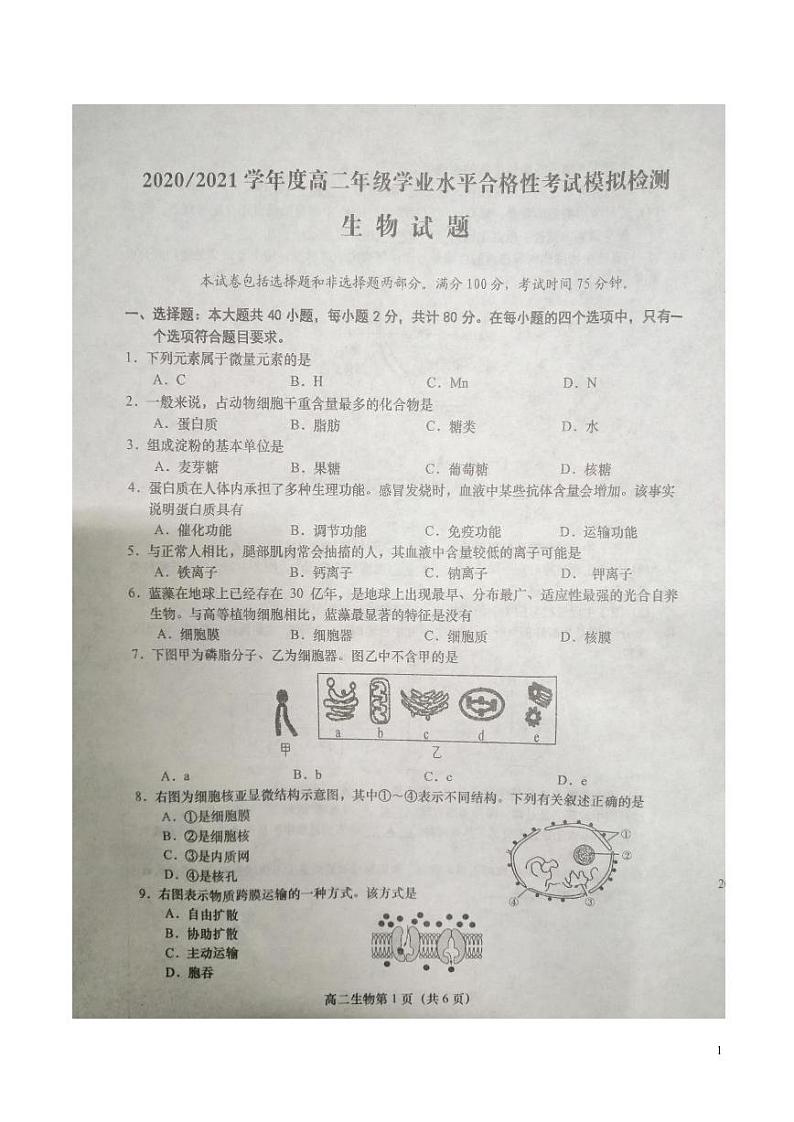 江苏省盐城市2020-2021学年高二年级学业水平合格性考试模拟测试生物试题第1页