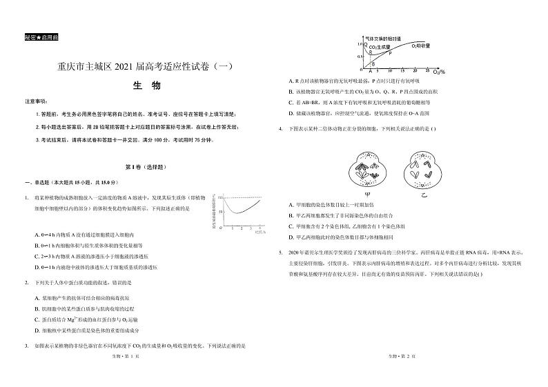 2021届重庆市主城区高三上学期高考适应性试卷（一）生物试题 PDF版第1页