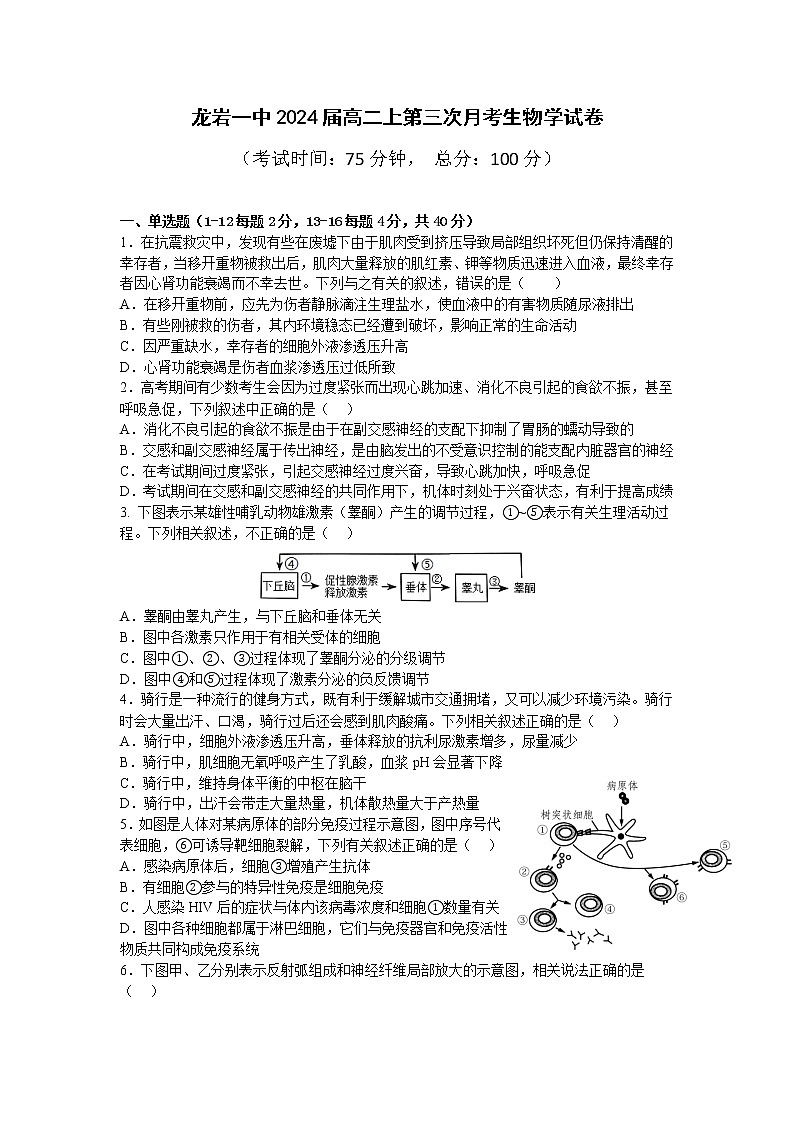 福建省龙岩第一中学2022-2023学年高二生物上学期第三次月考试卷（Word版附答案）01