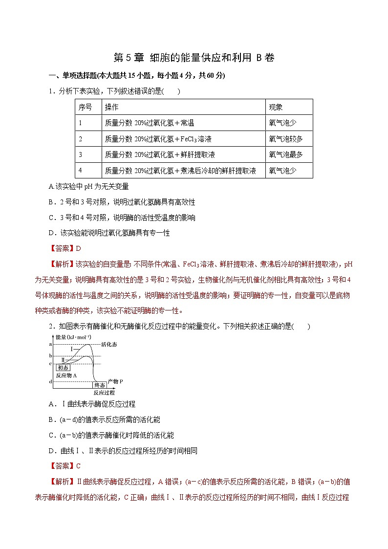 第5章 细胞的能量供应和利用B卷-2020-2021学年高一生物学同步单元AB卷（2019人教版必修1）01