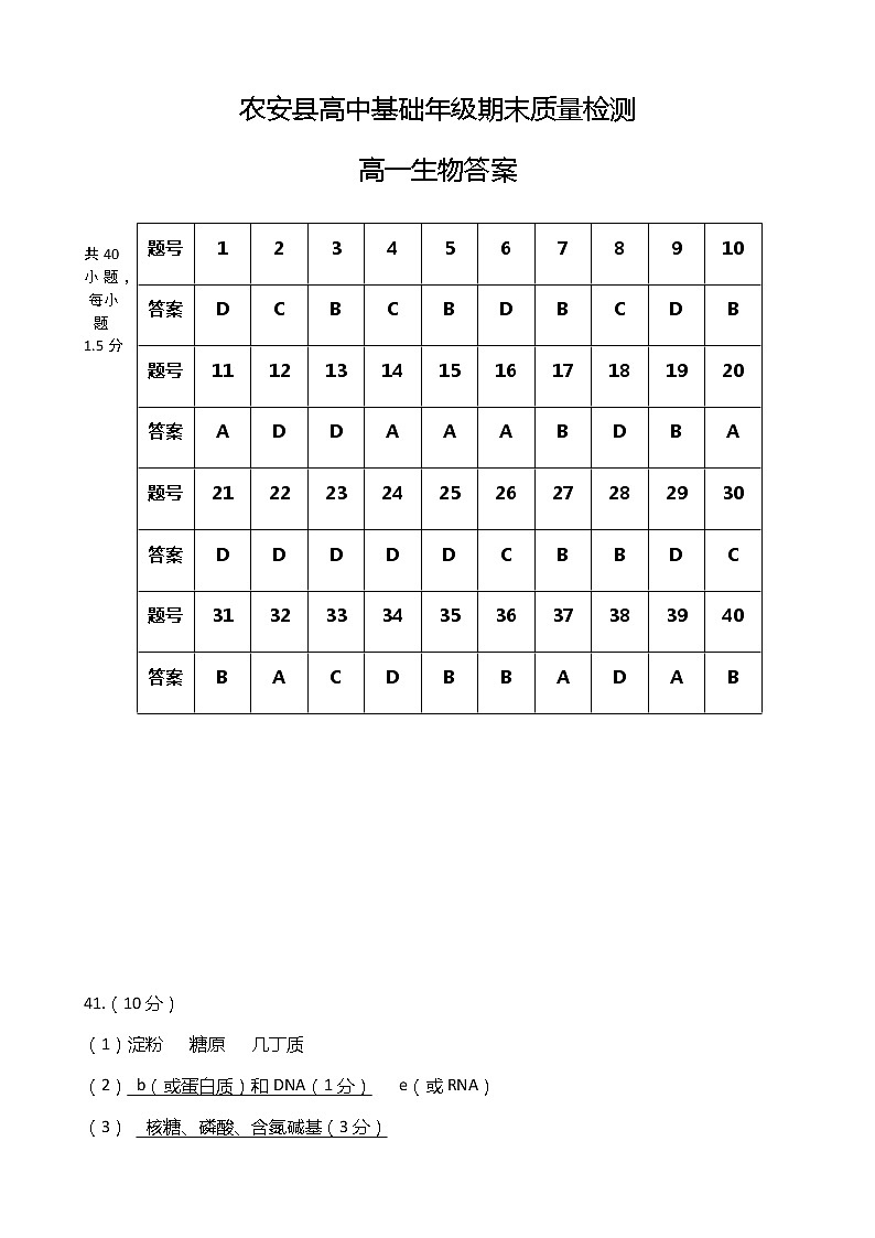 吉林省长春市农安县2020-2021学年高一上学期期末考试生物试题01