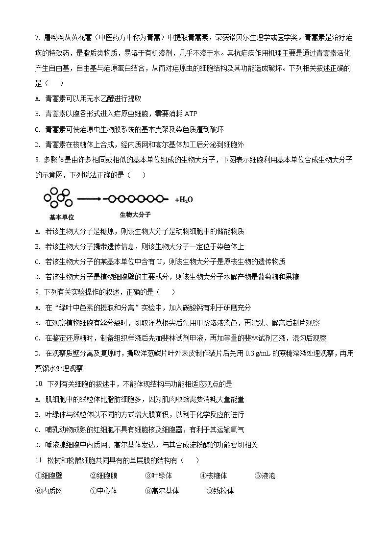 精品解析：黑龙江省鹤岗市一中2020-2021学年高一上学期期末生物试题02