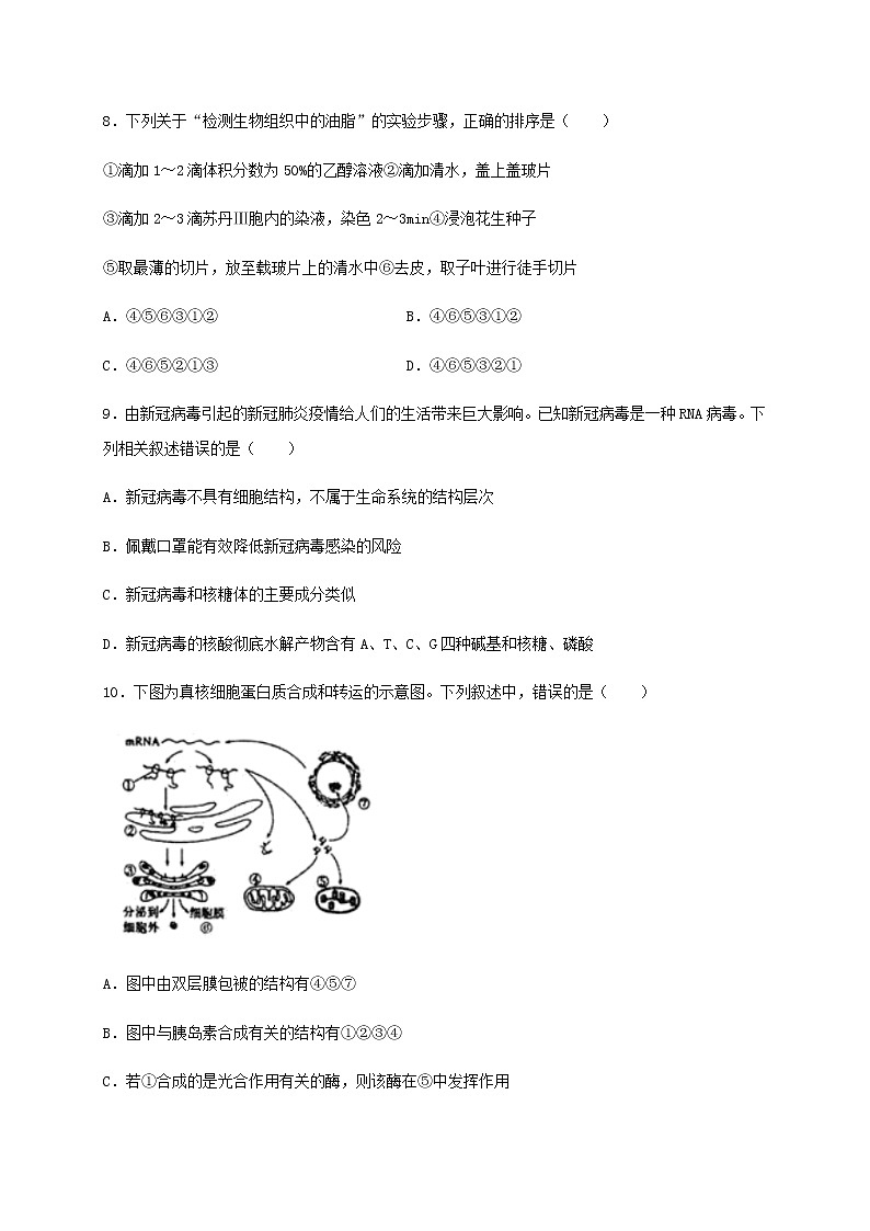 学易金卷：2020-2021学年高一生物上学期期末测试卷03（人教版必修1）（原卷版）第3页