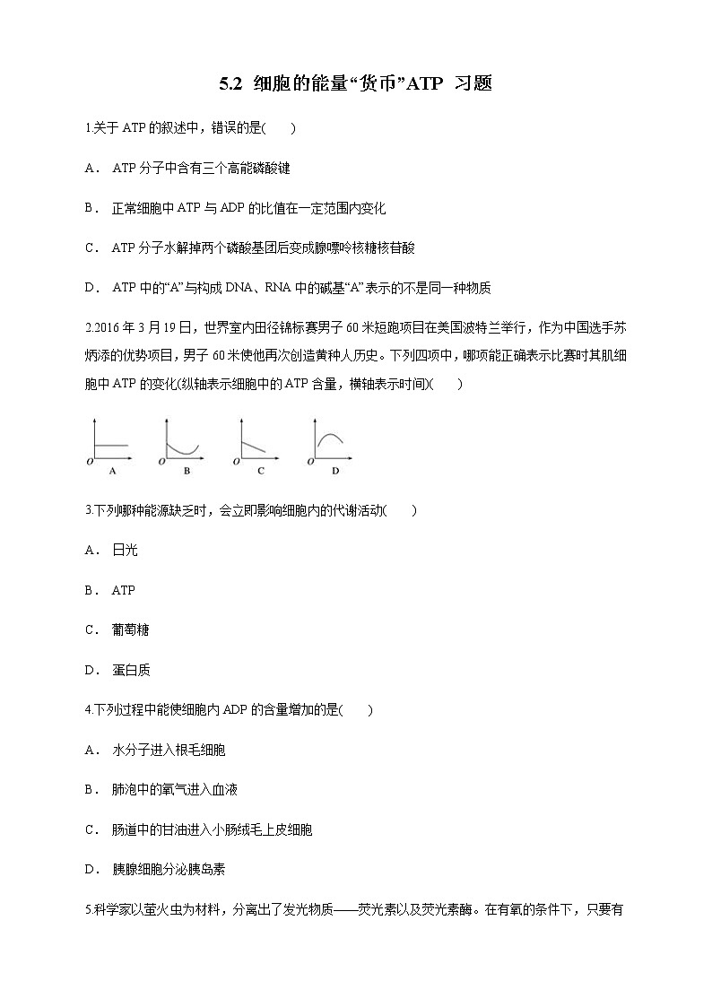 5.2 细胞的能量“通货”ATP 练习（1）01