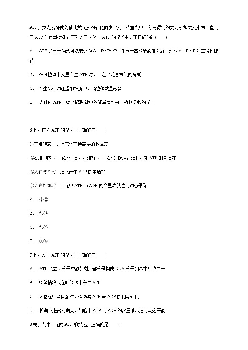 5.2 细胞的能量“通货”ATP 练习（1）02