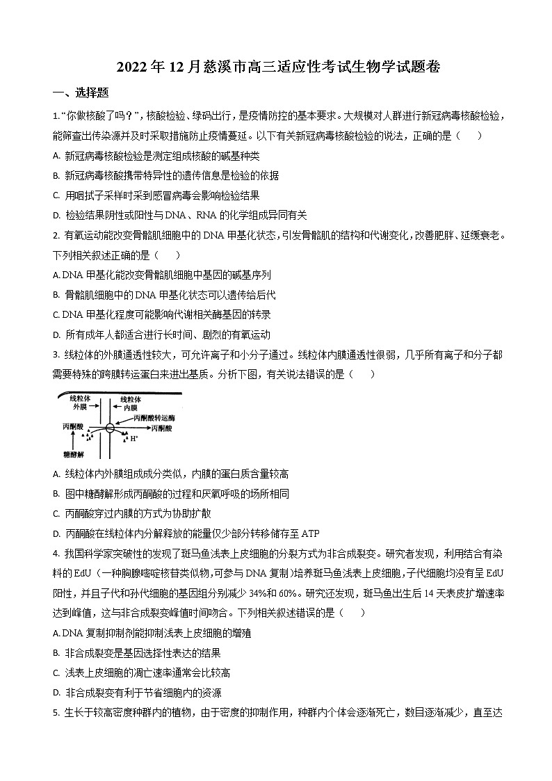 2022-2023学年浙江省慈溪市高三上学期12月适应性考试 生物（解析版）01