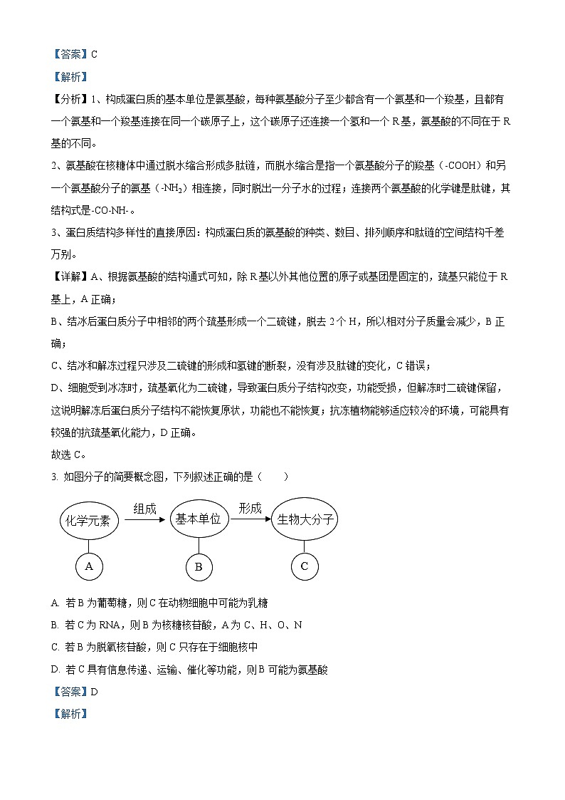 2022-2023学年北京市一零一中学高一上学期统练一生物试题（解析版）02