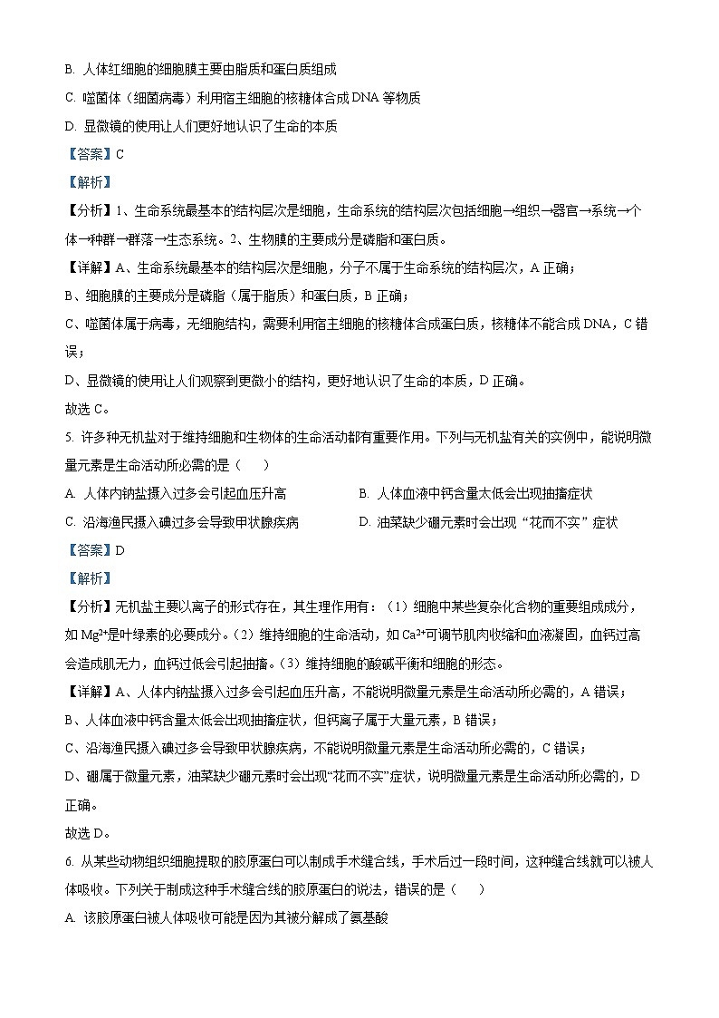 2022-2023学年广西贵港市桂平市浔州高级中学高一上学期段考生物试题（解析版）第3页