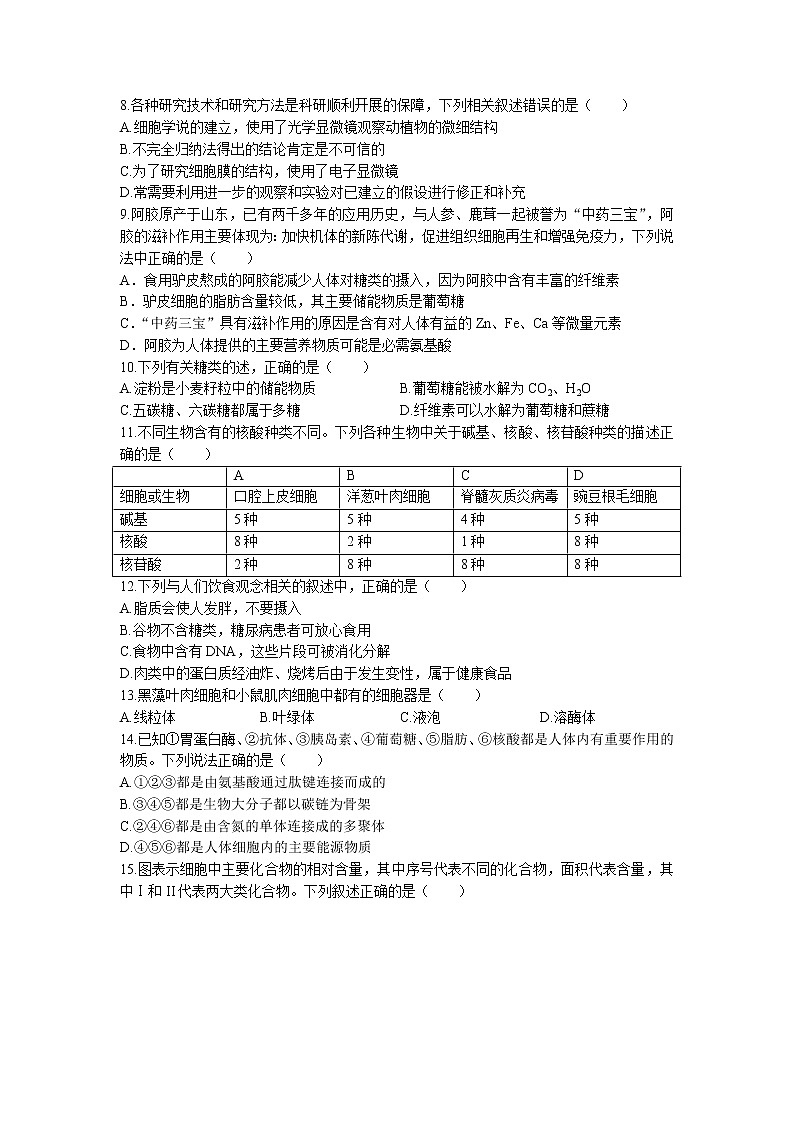 2022-2023学年河北省沧州市任丘市名校高一上学期期中考试生物学试题（Word版含答案）02