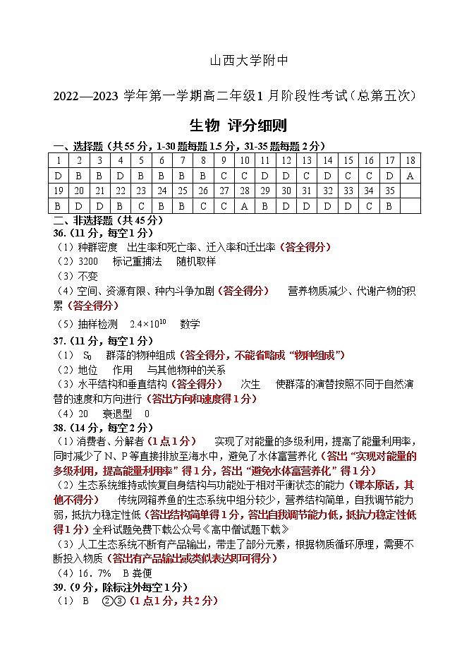 山西大学附属中学校2022-2023学年高二上学期1月期末考试生物评分细则第1页