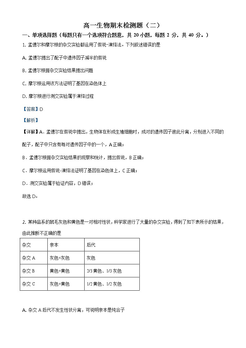 精品解析：山东省潍坊市安丘市实验中学2019—2020高一下学期期末生物试题（解析版）第1页