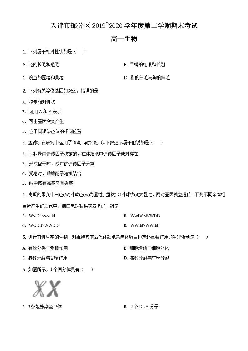 精品解析：天津市部分区2019-2020学年高一下学期期末生物试题01