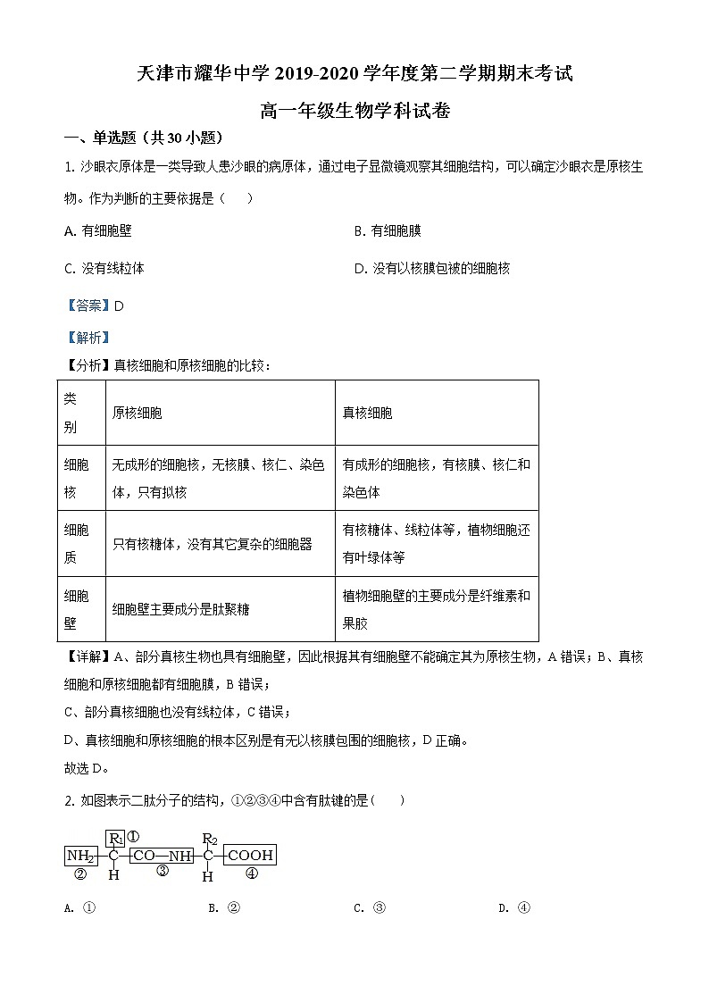 精品解析：天津市耀华中学2019-2020学年高一下学期期末生物试题01
