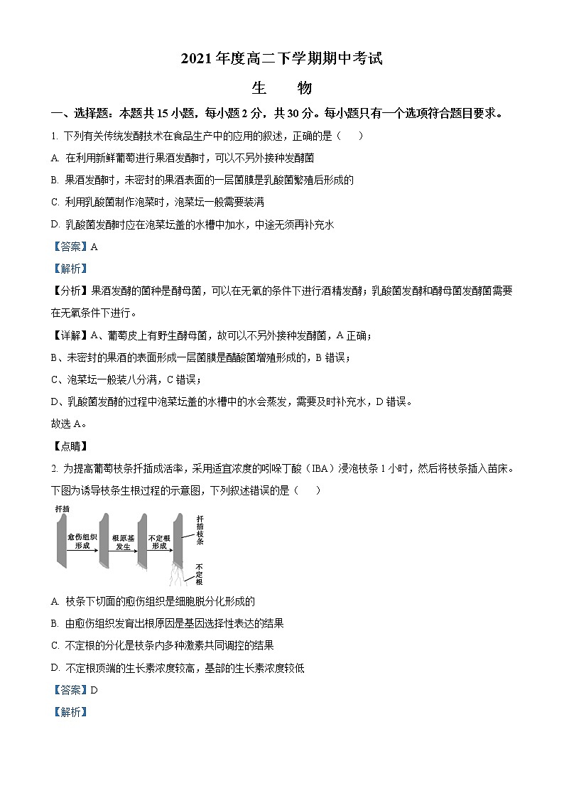 精品解析：山东省德州市齐河县一中2020-2021学年高二下学期期中生物试题01